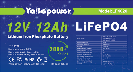 Yabo बैटरी 12V Lifepo4 बैटरी 12v 12ah पैक