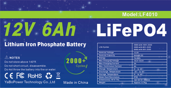 स्मार्ट BMS 12v 6ah Lifepo4 बैटरी पैक डीप साइकिल 2000 साइकिल